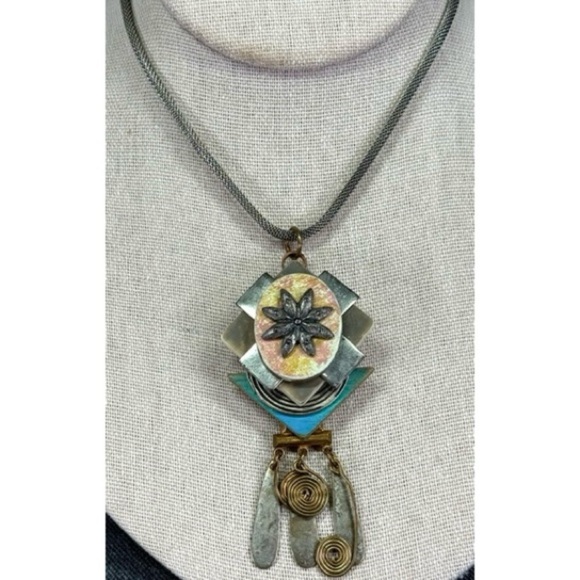 Vintage 1990s Artsy Boho Necklace Mixed Media Medallion flower with dangles 26” - Picture 1 of 10